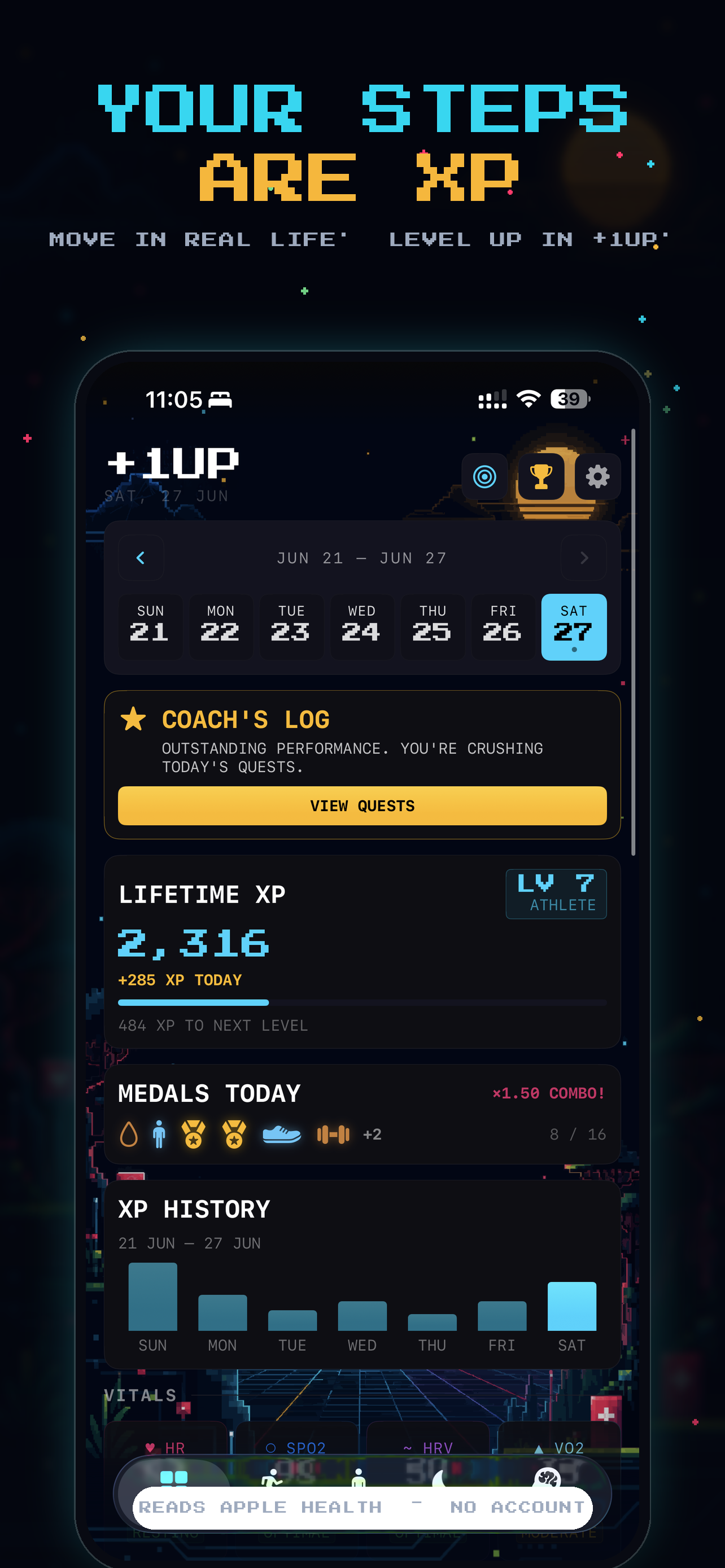 +1UP dashboard: level 7 Athlete, lifetime XP 2,316, today's medals and XP history chart