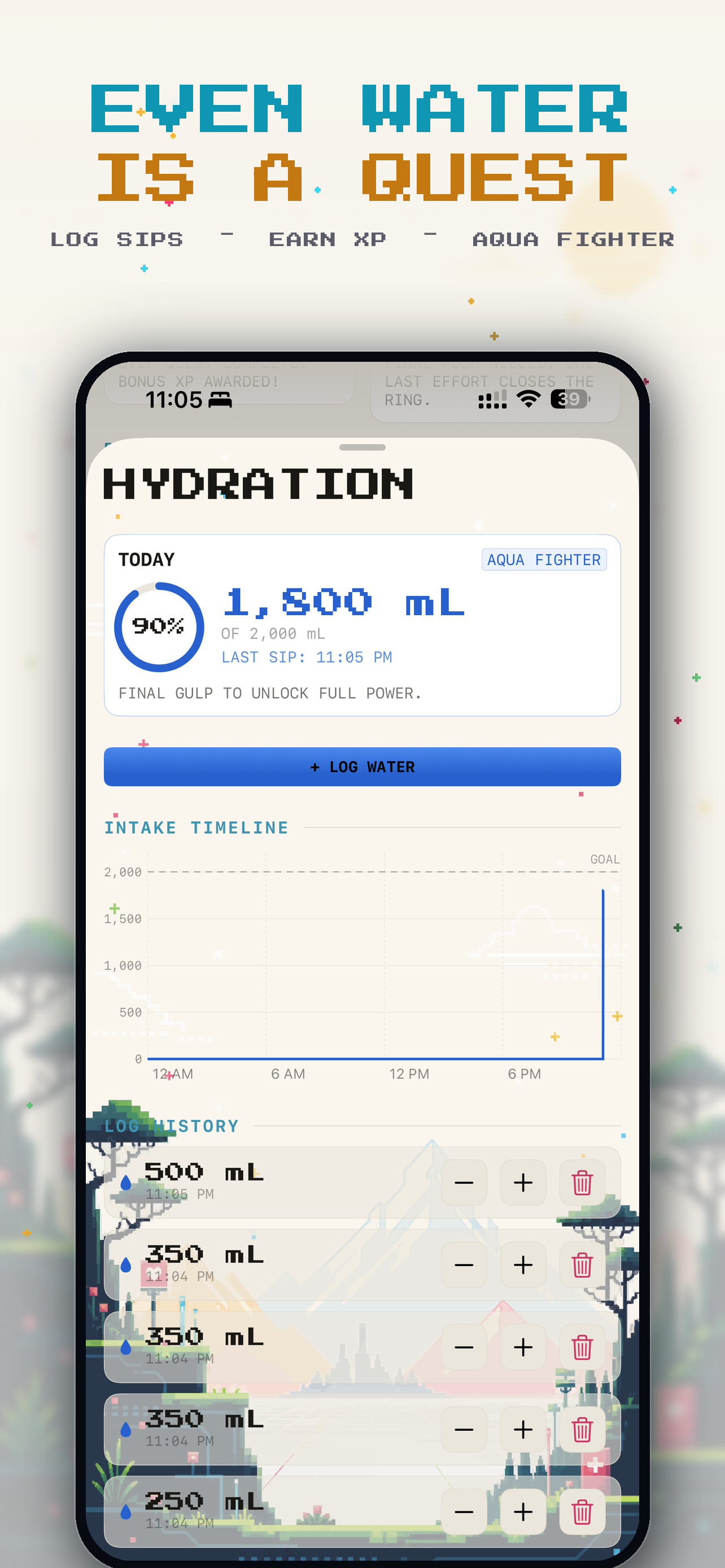 +1UP hydration screen where logging water earns XP