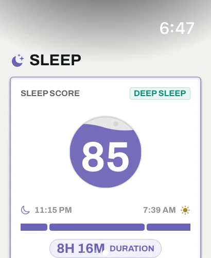 Upspan บน Apple Watch แสดงคะแนนการนอนและระยะเวลาการนอนเมื่อคืน