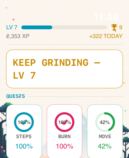 +1UP Apple Watch home with goal rings and XP